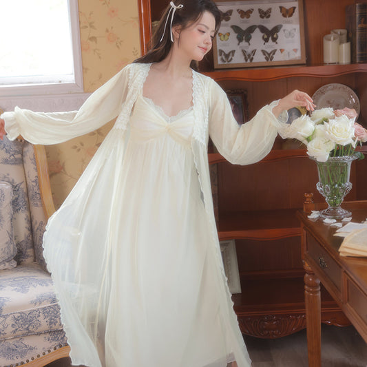 Long Pajama Set With Chest Pads Long Sleeve Camisole And Mesh Slip Dress Two Piece Set