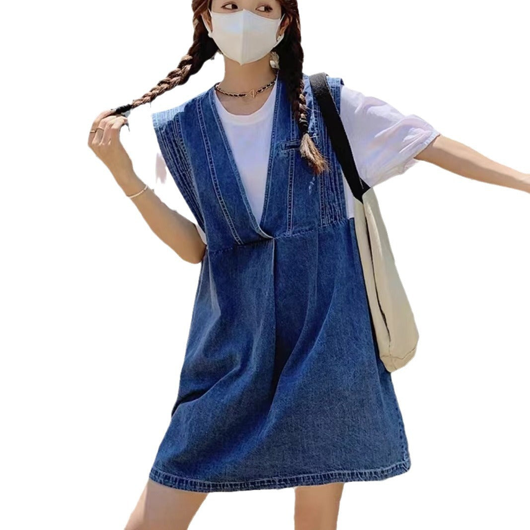 Womens Retro Sweet Two-Piece Look Denim Dress