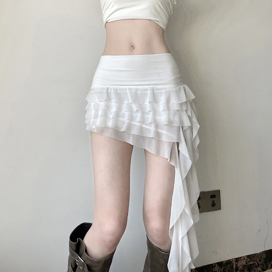Low Waist All-match Ribbon Irregular Tulle Skirt