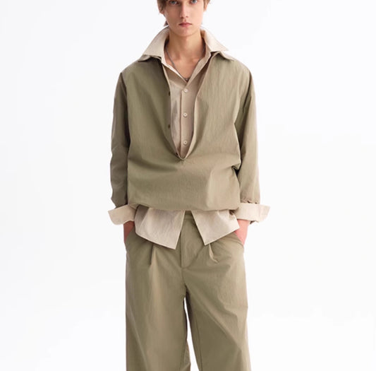Green Leisure Commute Deep V Elastic Lower Hem Loose Long Sleeve