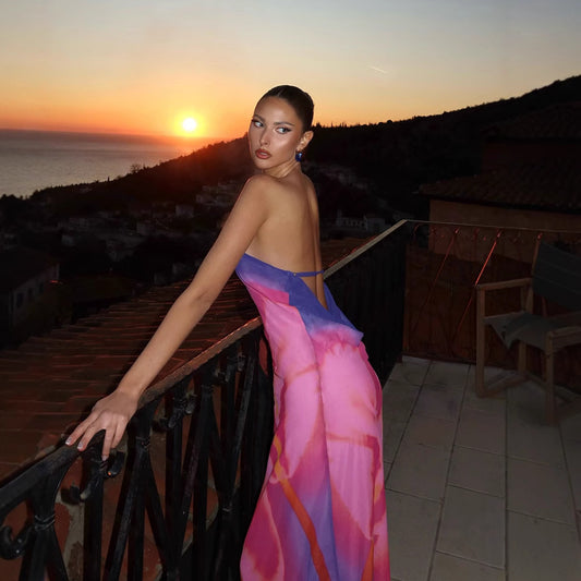 One Shoulder Diagonal Collar Printed Backless Long Dress