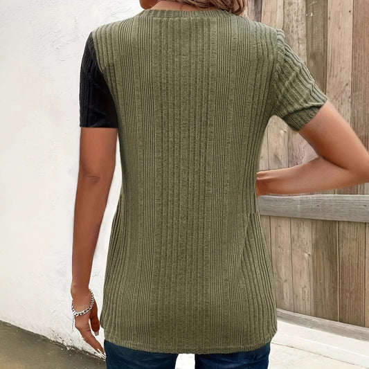 Dame fake-knap kontrastfarvet kortærmet pullover-top