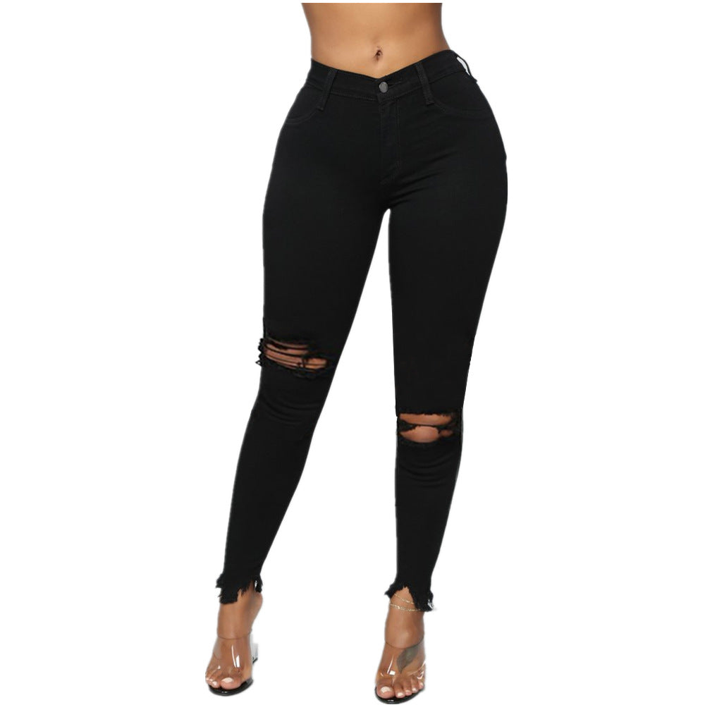 ripped solid denim long pants