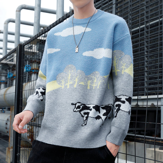 Men's Fleece Thickened Round Neck Warm Loose Knitted Sweater