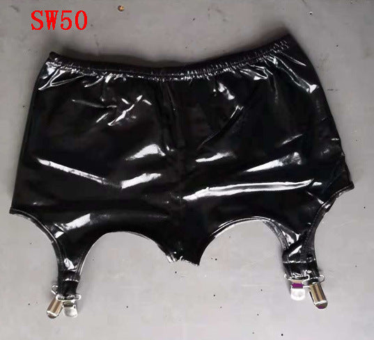 Women's Black Glossy Patent Leather Garter Pantyhose