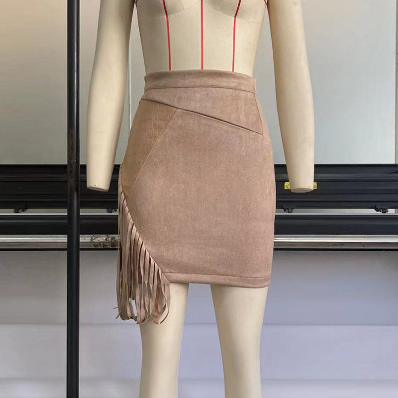 Womens Tassel Leather Skirt With A Suede-inspired