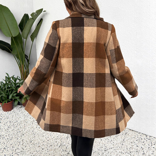 Casual And Versatile Button Women's Plaid Wool Coat