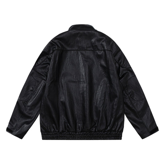Loose Casual Deconstructing Patchwork Stand-up Collar PU Leather Jacket Coat
