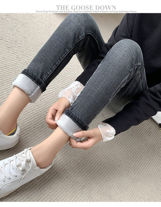 Women's Retro Blue Skinny Pants With Fleece Feet