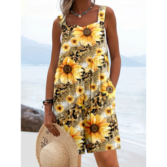 European And American-style Sleeveless Jumpsuit With A Sunflower Print