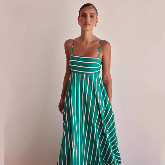 Womens Fashionable Simple Striped Strap Backless Maxi Dress
