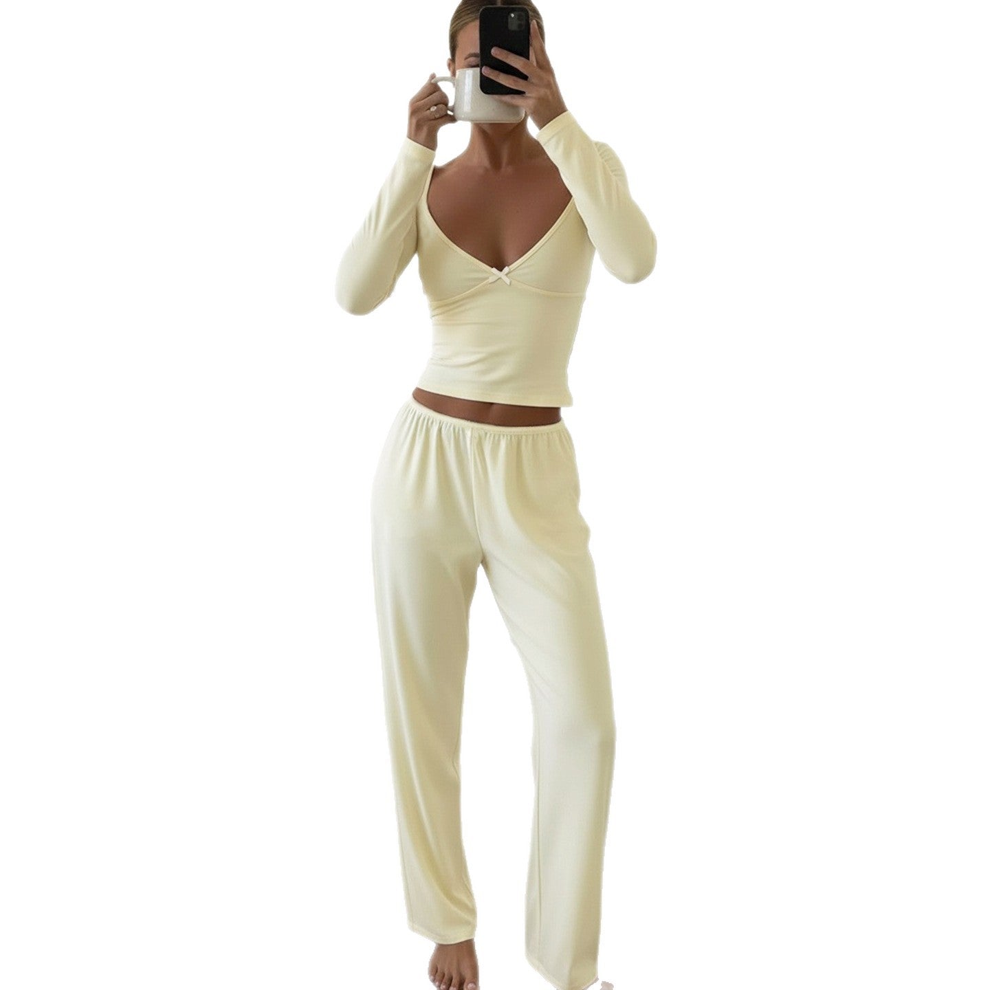 Simple Casual Suit Deep Slim Long Sleeve Low Waist Bootcut Trousers Women's Clothing