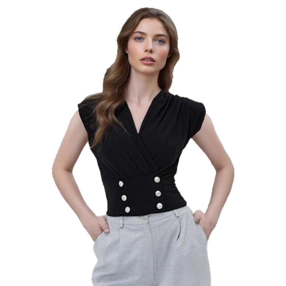 V-neck Layered Sleeveless Vest Featuring A Crossover Neckline Design And Double-row Pearl Buttons