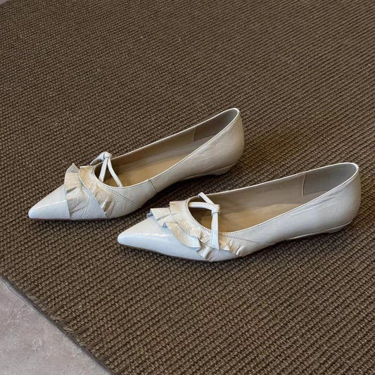 French Style Flats For Women, Pointed Toe Low Wedge Heel Elegant Versatile Bow Mary Jane Shoes