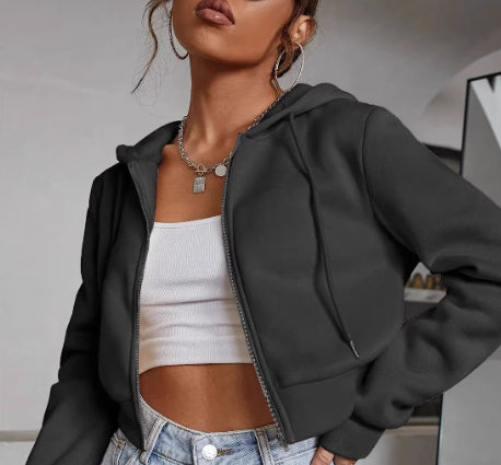 Casual Long Sleeved Drawstring Short Hooded Jacket