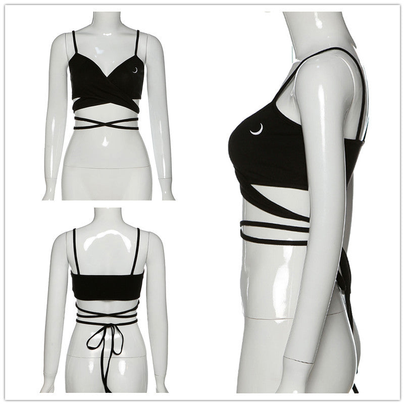 Moon Print Cross Strap Suspender Vest Short Style Crop Top For Women