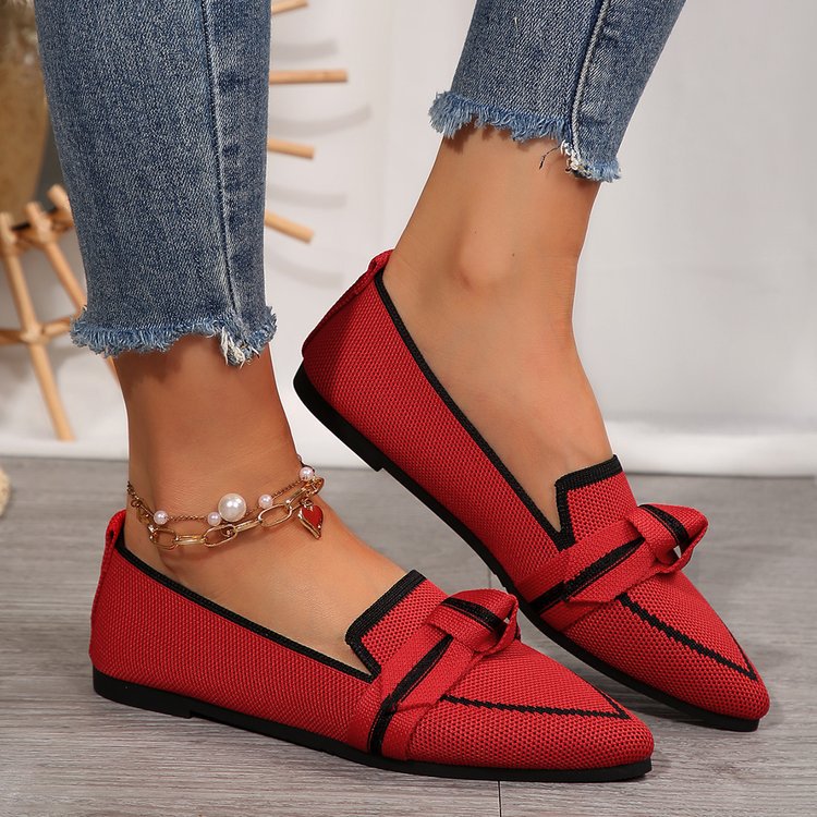 Knitted Mesh Bow-Tie Pointed-Toe Flat Womens Shoes
