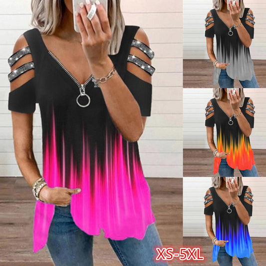 Women'S V-Neck Zip Pullover Printed Short Sleeve T-Shirt