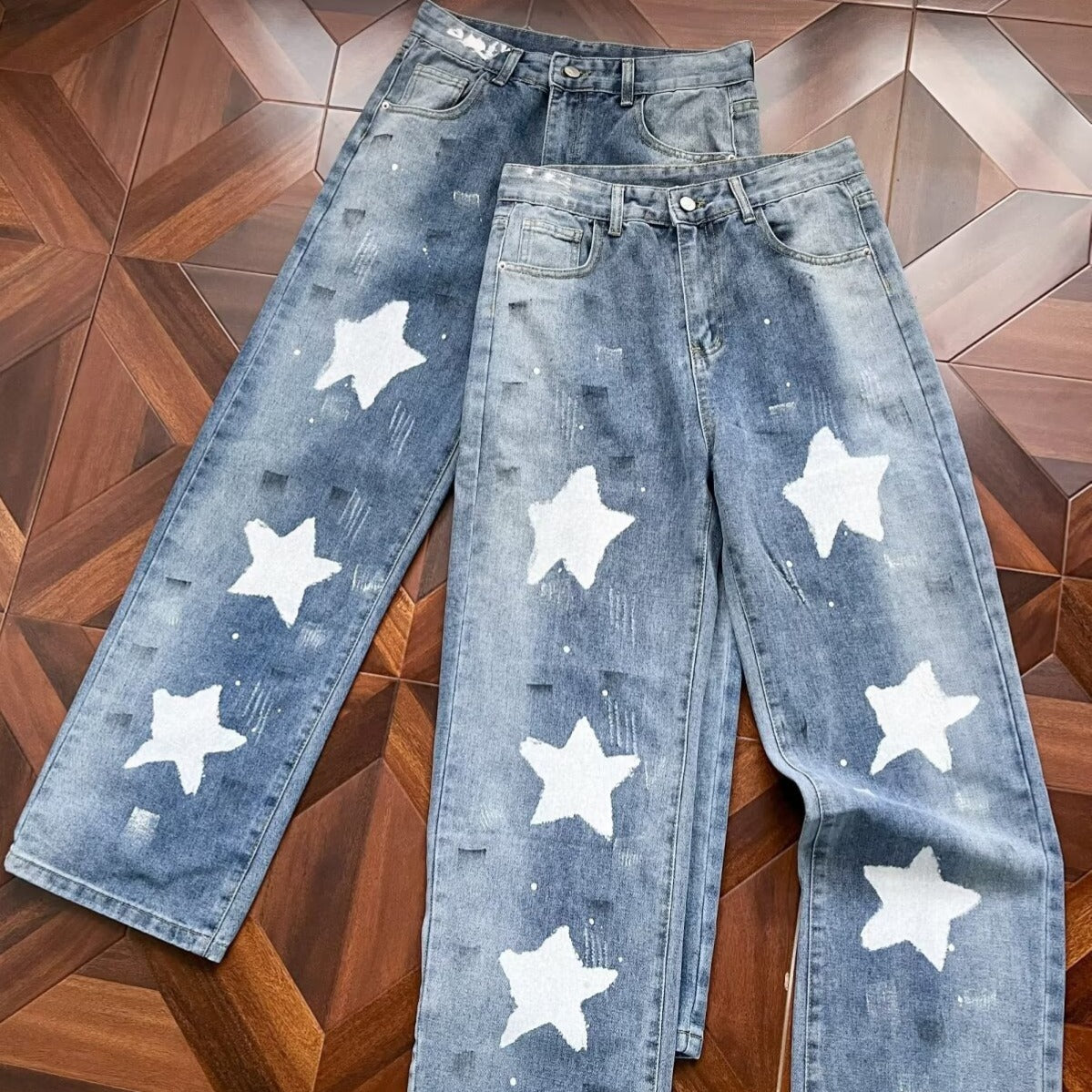 Womens Retro Patched Washed And Distressed Denim Jeans