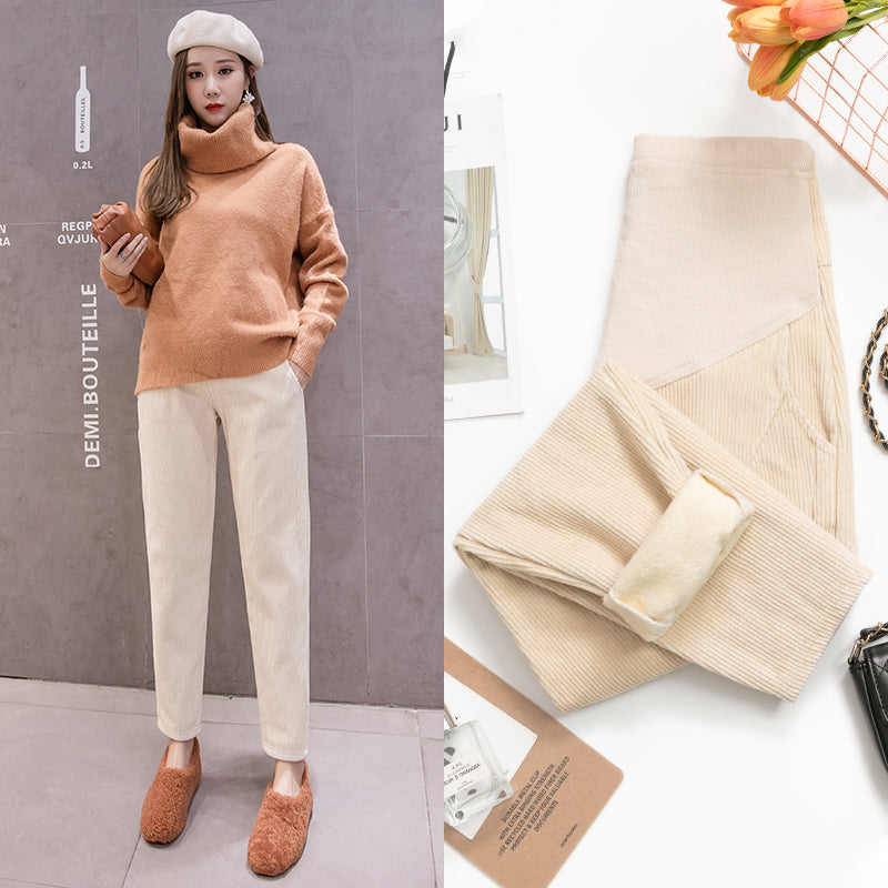 Pregnant Women's Plush Trousers Corduroy Belly Support Loose Warm Casual