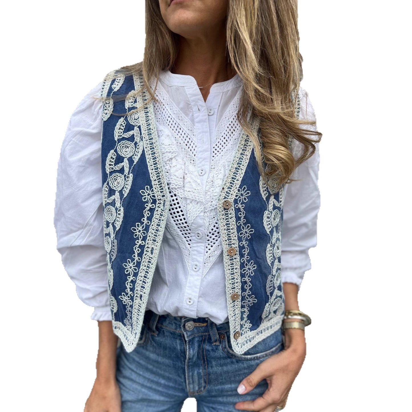 Embroidered Denim Vest Waistcoat Jacket Top