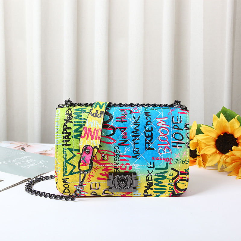Fashion Printed Letter Graffiti Bag Diamond Chain