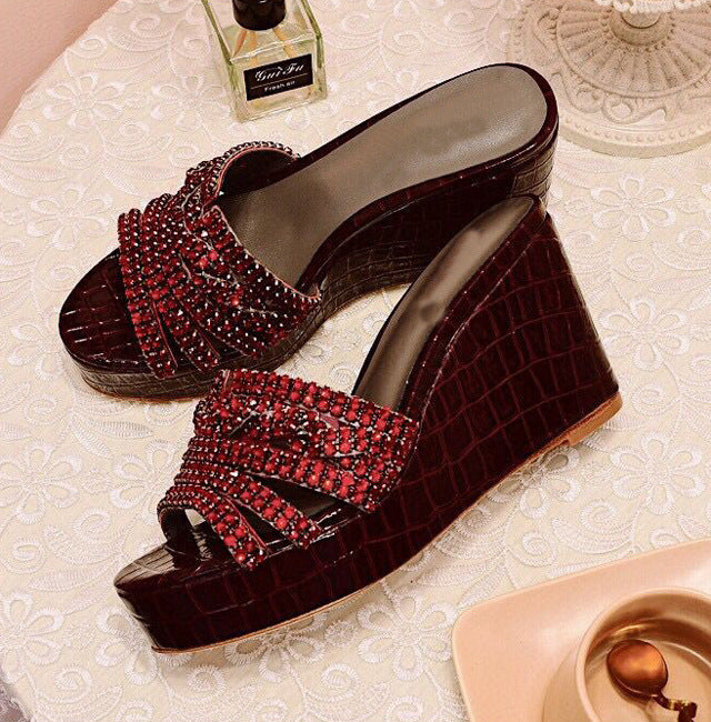Fashion Wedge Heel Shiny Rhinestone Slippers