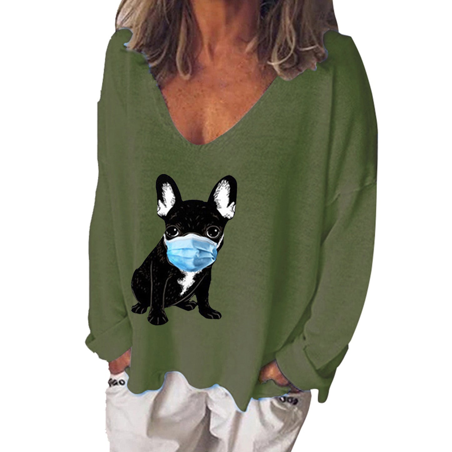 Puppy Muzzle Print V-Neck Long Sleeve T-Shirt Women