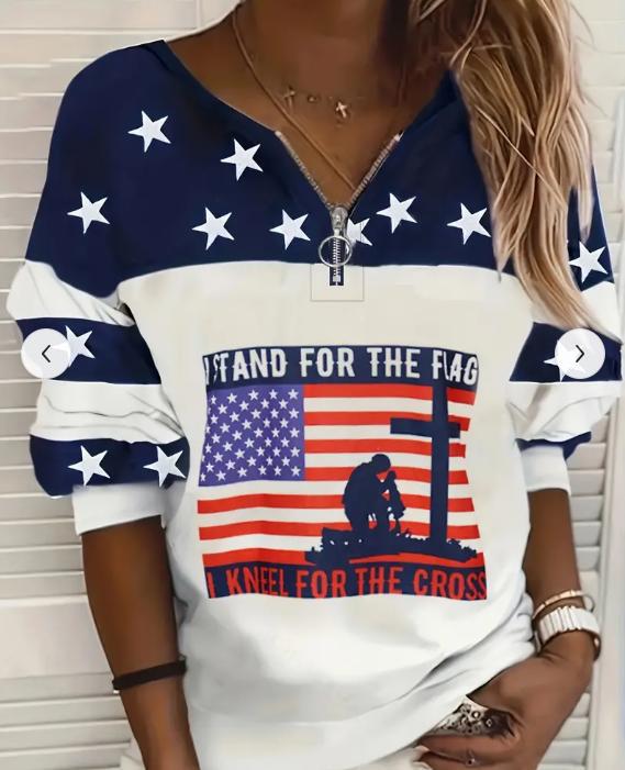 Trendy Afslappet Flag-Sweatshirt Med Halv Lynlås