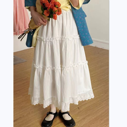Spring White Lace Trim Tiered Skirt