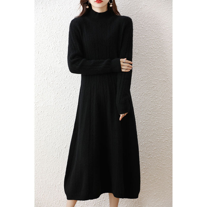 Base Skirt Paired With A Dress Featuring A High-neck Design And A Length Below The Knee