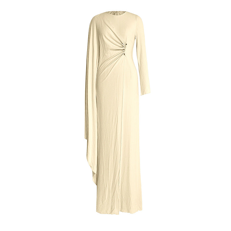 Crew-neck Asymmetrical Ruffle Long-sleeve Apricot Dress