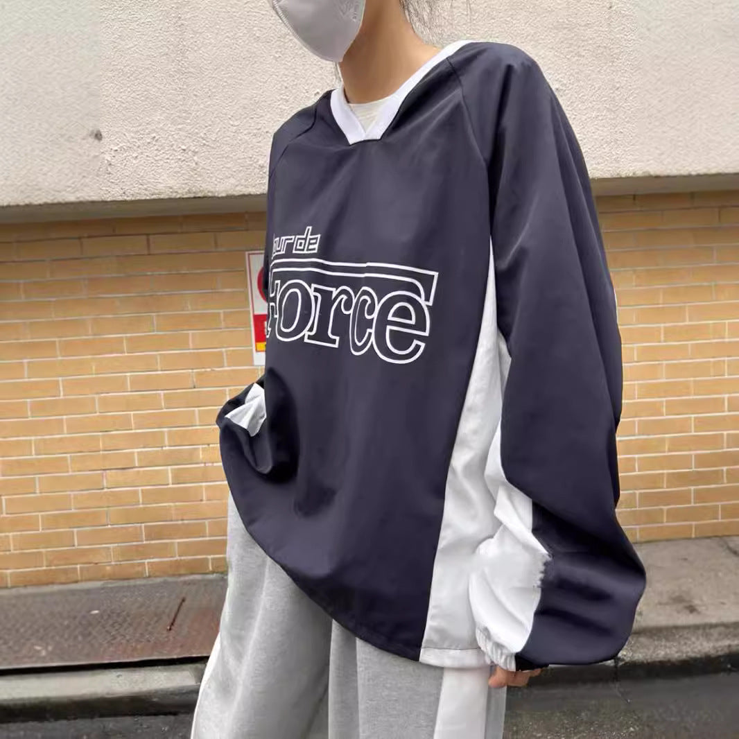 Kontrastfarvet Retro Nylon V-hals Langærmet i Koreansk Stil