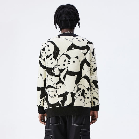 Men's Japanese Vintage Panda Jacquard Crewneck Knit Tide Brand Loose Sweater