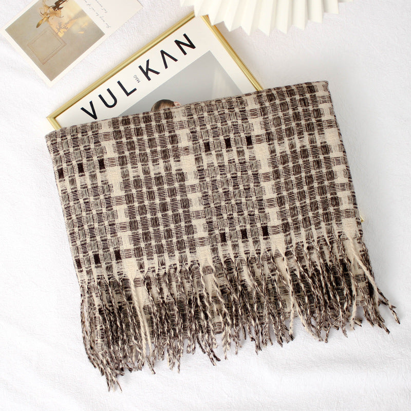 Warm Color Matching Plaid Fringe Long Shawl Scarf