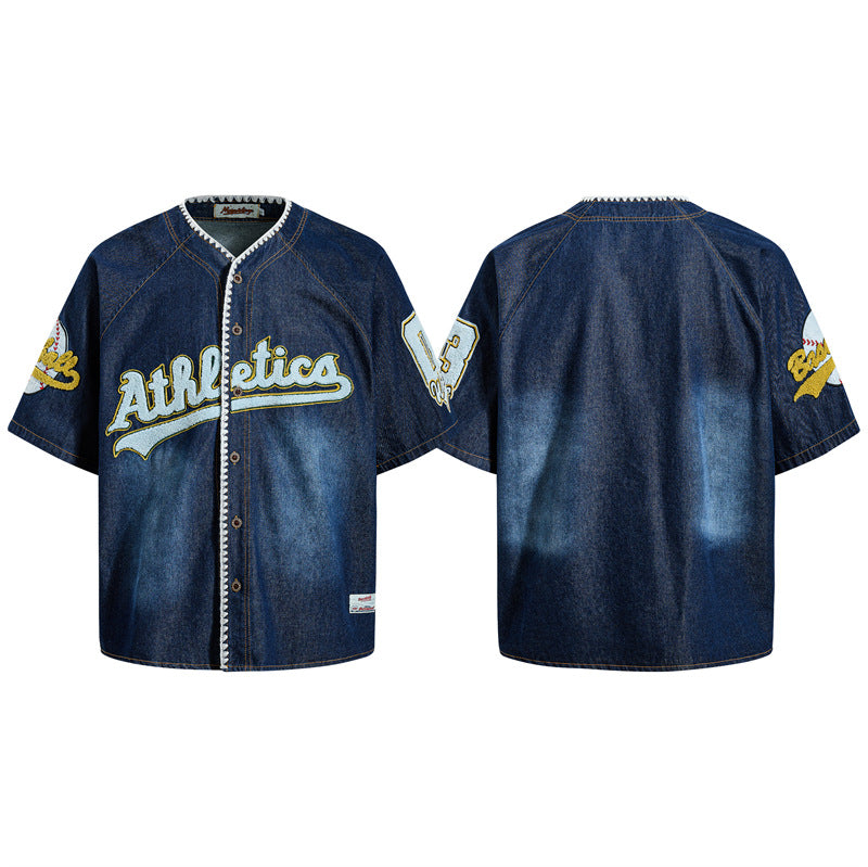 American-style Vintage Flocked Embroidery Denim Baseball Shirt