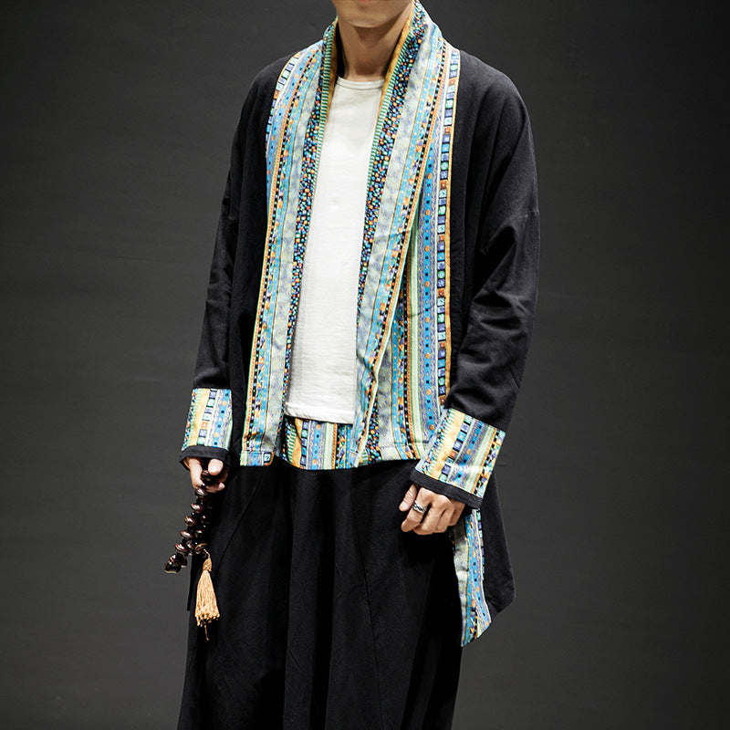 Kimono Cardigan Cotton Linen Trench Coat Color Matching Costume Top Men's Clothing