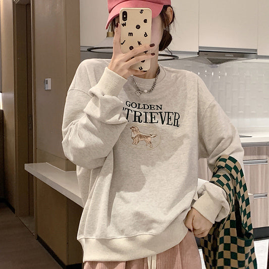Koreansk stil rundhalset pullover til kvinder efterår og vinter, ny løs oversize stil med broderi, tegneserie, langærmet alsidig top