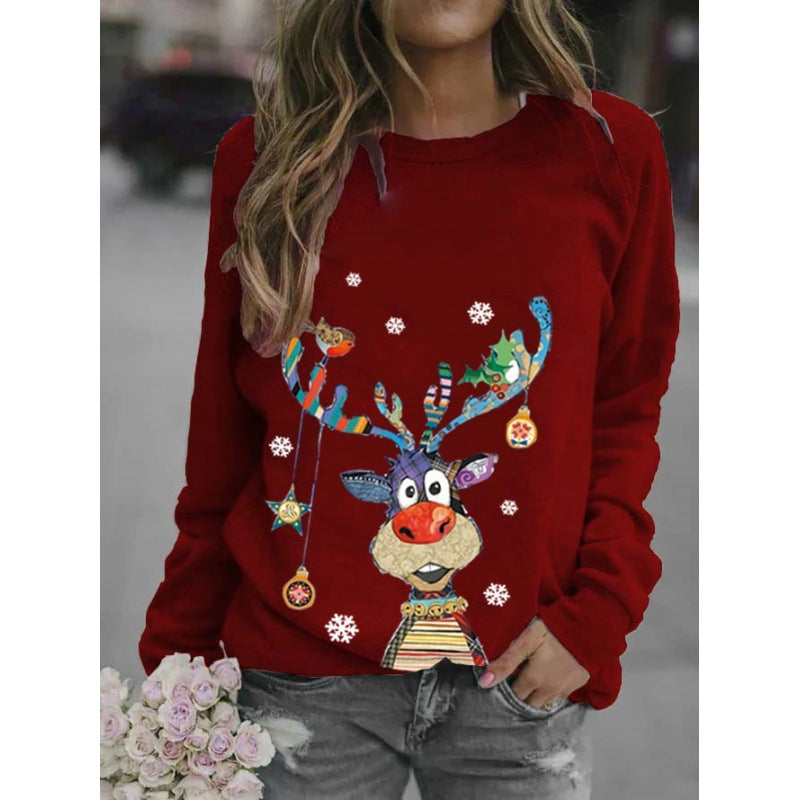 Langærmet sweater med rund hals og juletrykmønster