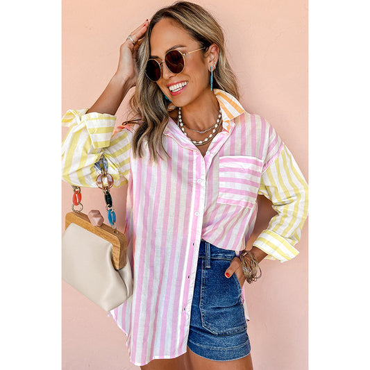 Single Row Multi-buckle Shirt Contrast Color Long Sleeves Top