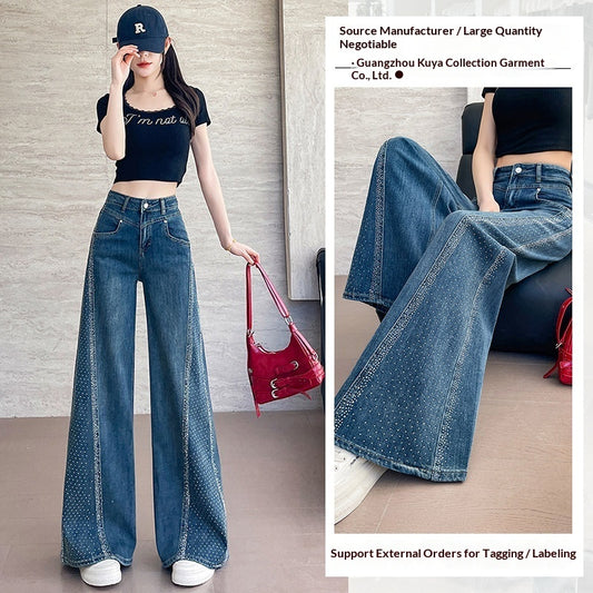 Hot-stone-udsmykkede Vidde Ben Flared Denim Jeans Til Kvinder Loose Fit I Vasket Blå