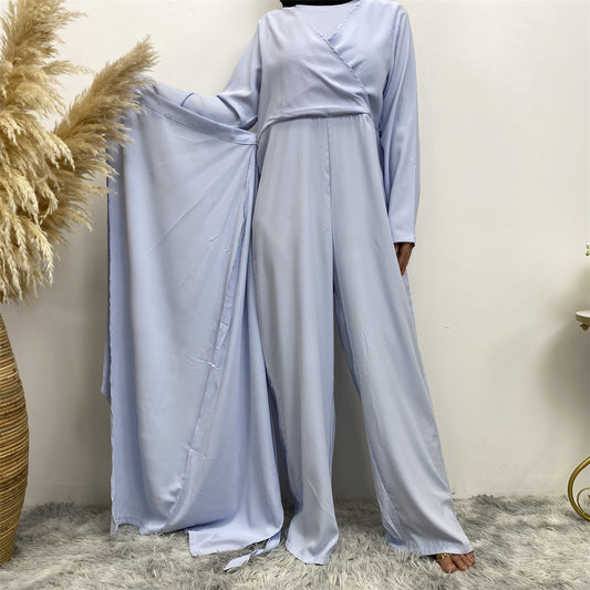 Clear Color V-neck Patchwork Jumpsuit Wide Leg Pants
