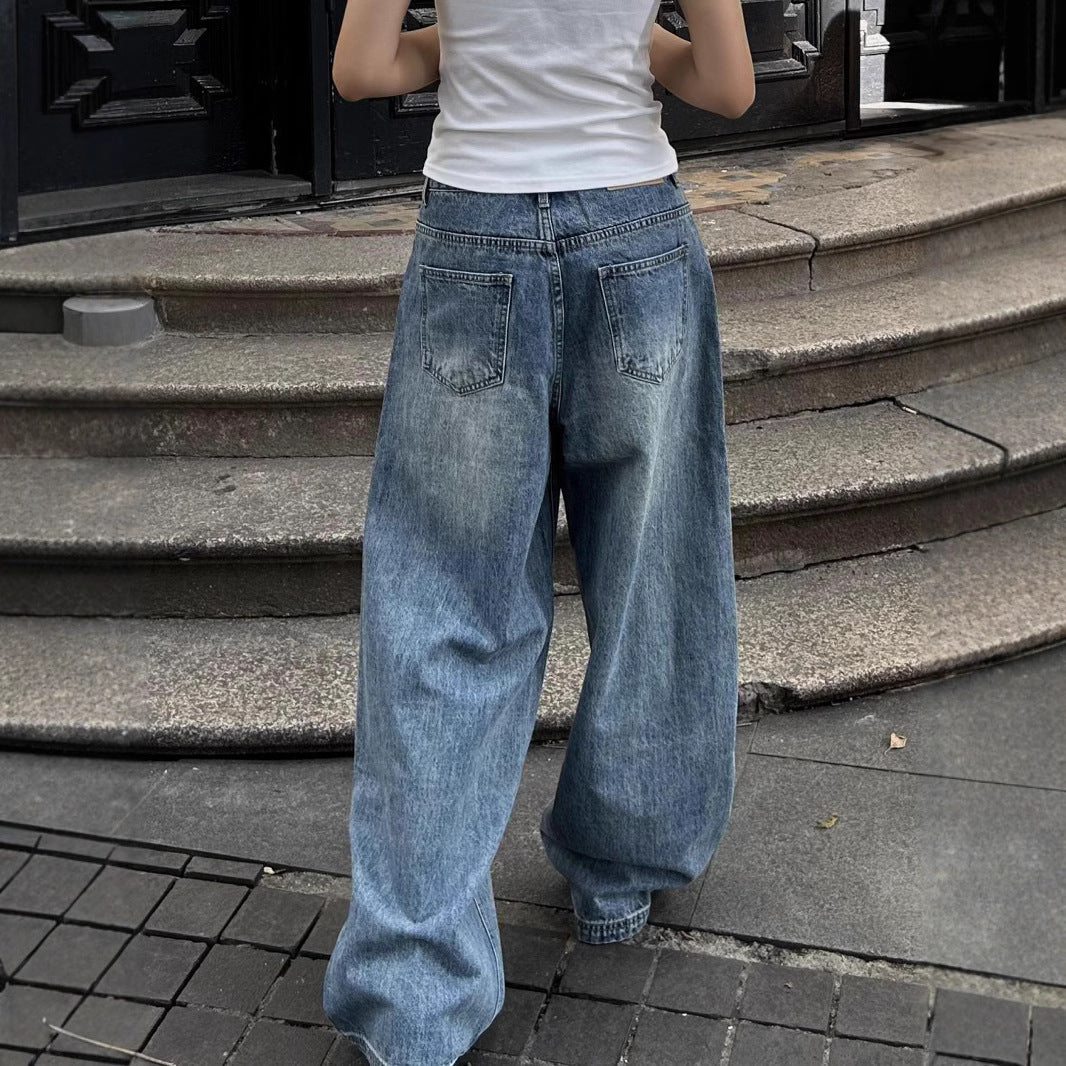 Retro Washed Wide Leg Worn Jeans Women's Straight Casual Pants