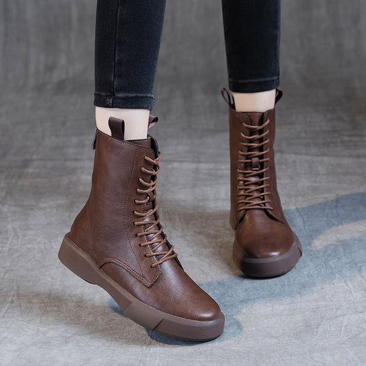 Flat Heel Retro Low Leather Boots Soft Bottom Lace Up Back Zipper