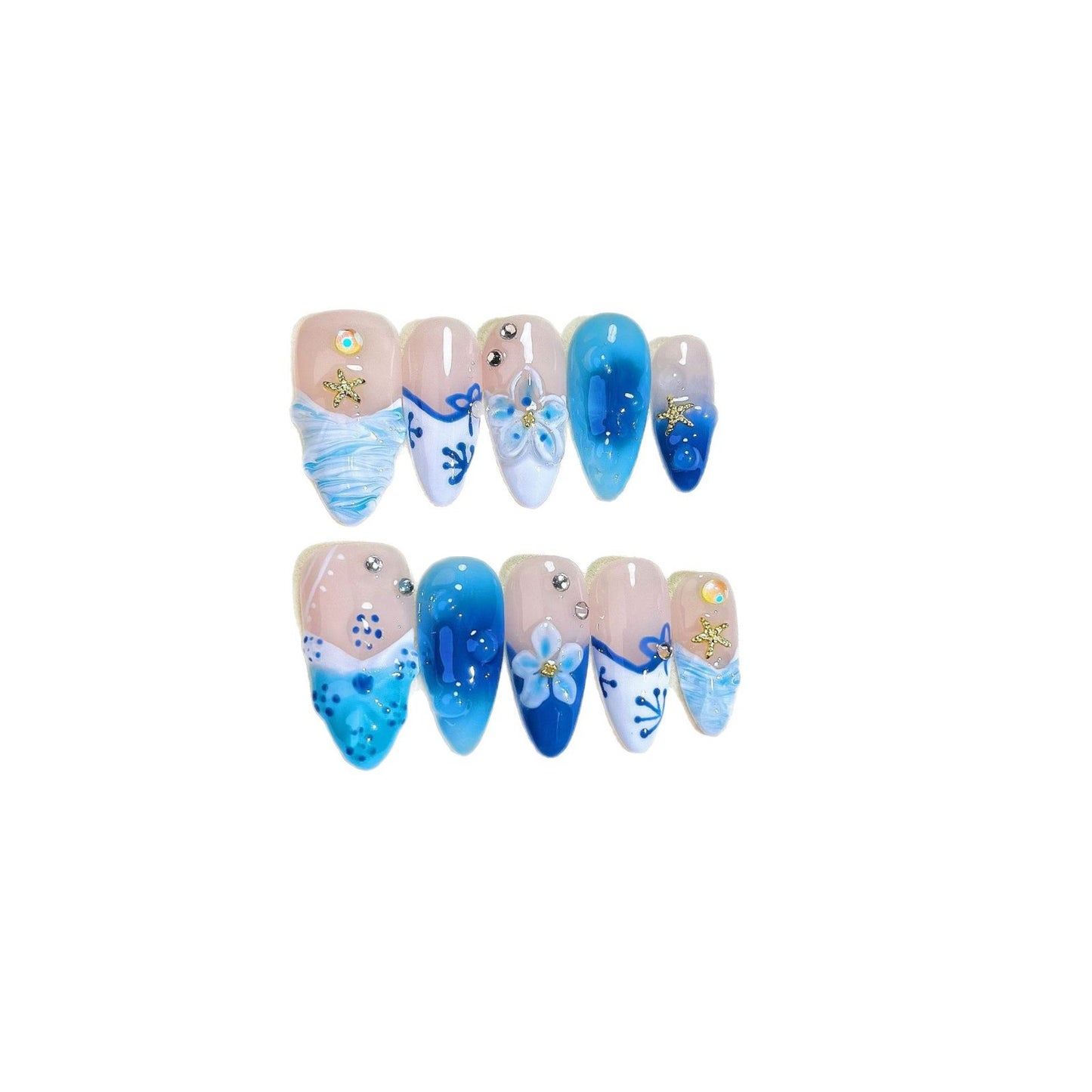 Blue Hand-painted Carved Summer Ice Transparent Wear Fake Nails