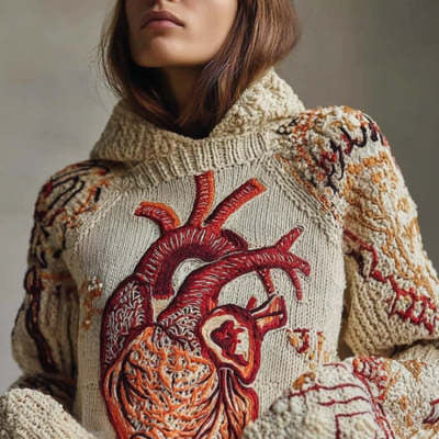 Dame Moderigtig Retro Printet Sweater Med Rund Hals