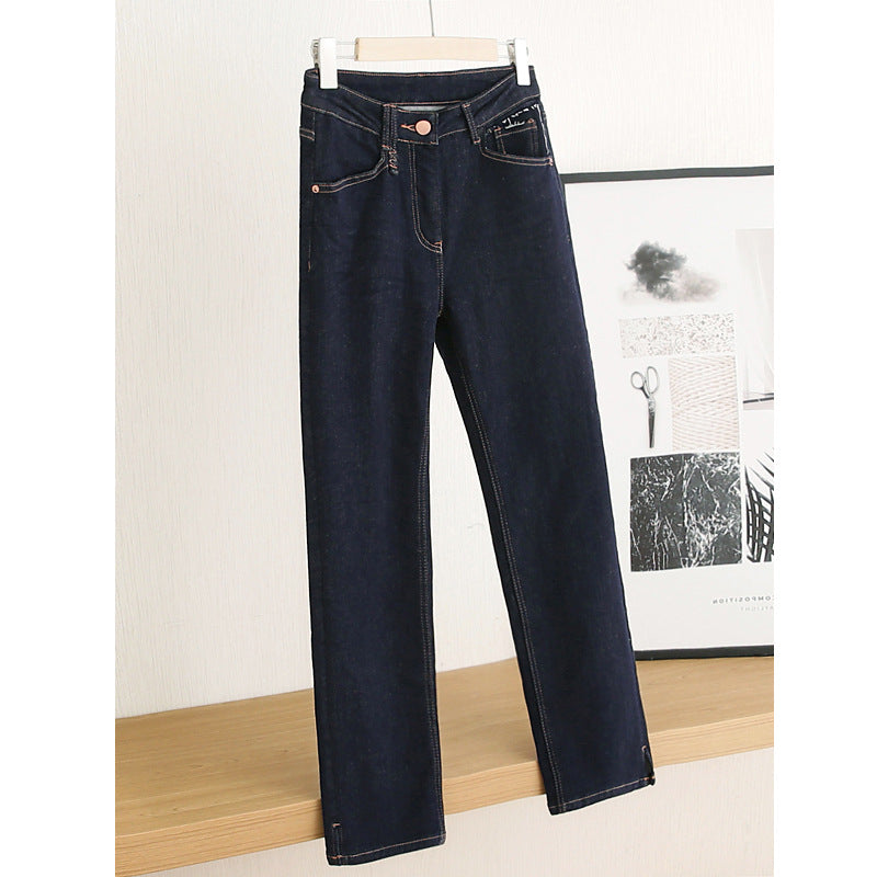 Fleeceforede Slankende Straight-leg Jeans i Børstet Denim