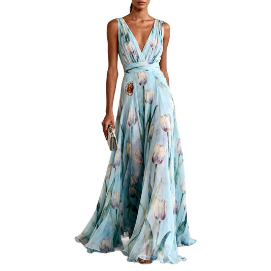 Bluesy Tulip-Print Gown Elegant Flowing Sleeveless V-Neck Chiffon Maxi Dress For Parties And Formal Events
