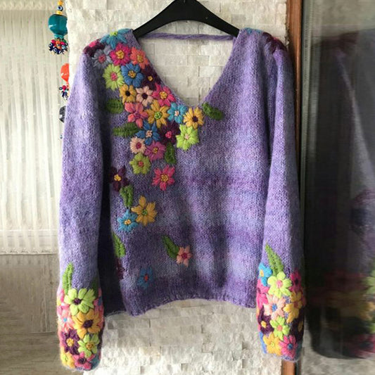 Relaxed Loose-fitting V-neck Pullover With Heavy-duty Print High-end Style