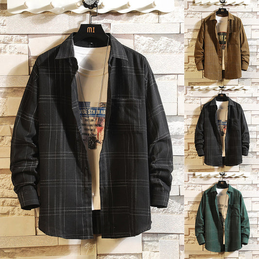 Men's Loose Men's Plaid Long-sleeved Printed Shirt